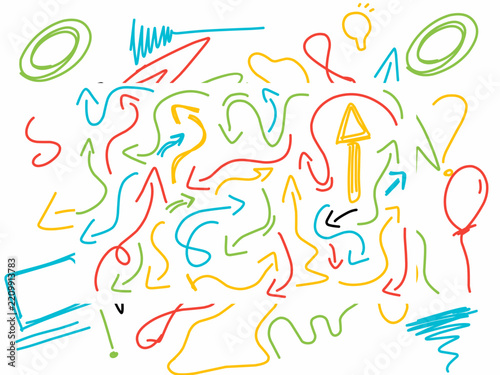 A collection of colorful doodle elements. Random doodle icons and various shapes. Hand-drawn vector doodles.