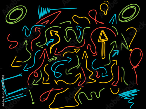 A collection of colorful doodle elements. Random doodle icons and various shapes. Hand-drawn vector doodles.