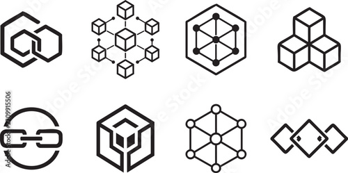 A grid of minimalist logos using blockchain technology as the core concept set of icons