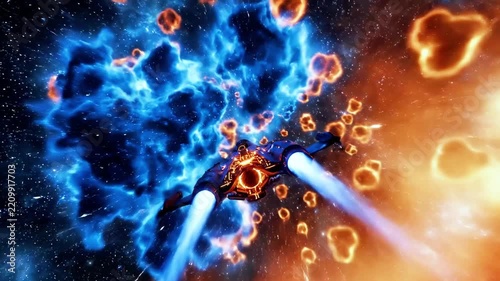 Spaceship maneuvering through exploding fiery asteroids in space.
