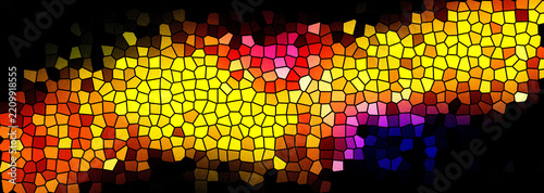 Abstract yellow, orange and red stained glass mosaic on black background, glowing voronoi cell pattern with warm gradient