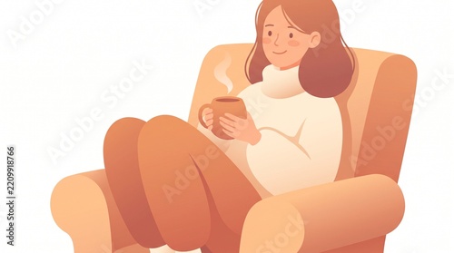 Cozy illustration of a young woman sitting in a comfortable armchair, holding a warm steaming mug of coffee or tea, relaxing at home in a soft sweater