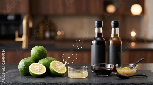 Fresh Green Sudachi Citrus Fruits with Juice Splash and Dressing Bottles on Kitchen Counter
