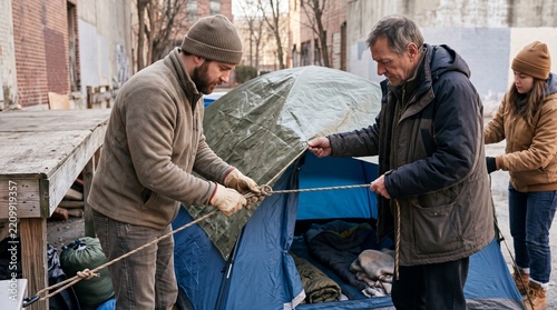 Homeless men setting up a tent in an urban alley