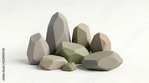 A collection of abstract, faceted stone-like objects in muted earthy tones on a white background.