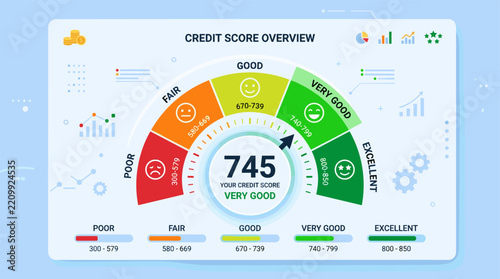 Flat vector illustration of credit score dashboard, a simple clean design element isolated on a white background