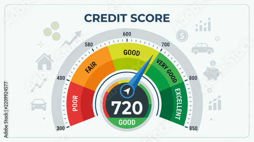 Flat vector illustration of credit score dial, a simple clean design element isolated on a white background