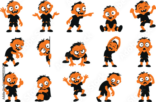 Set of cute cartoon zombie characters in various poses and expressions for a fun halloween design project