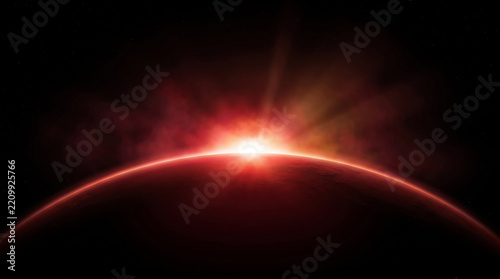 Dramatic red cosmic sunrise rising over glowing curved dark planet horizon with bright solar flare rays in deep outer space universe wallpaper background