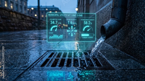 Smart city urban drainage system with holographic interface monitoring water flow