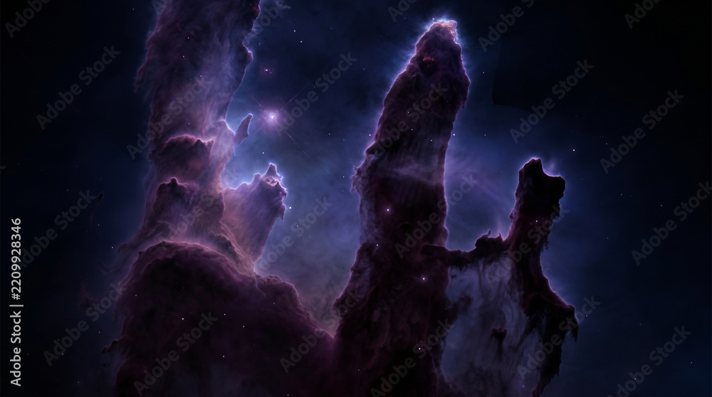 Fototapeta premium Majestic pillars of creation eagle nebula with glowing purple interstellar gas clouds and cosmic dust columns in deep outer space starry universe background