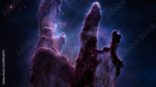Majestic pillars of creation eagle nebula with glowing purple interstellar gas clouds and cosmic dust columns in deep outer space starry universe background