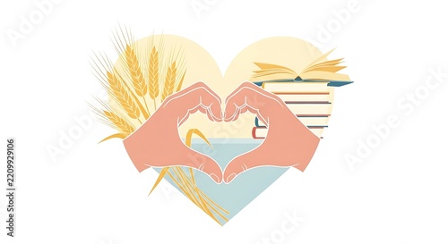 Heart shape formed by hands with wheat ears and books representing love for education and agriculture.