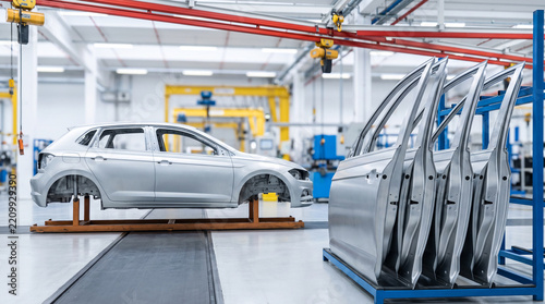 Silver car body on an automotive production line with car doors stored on a rack in a bright assembly plant