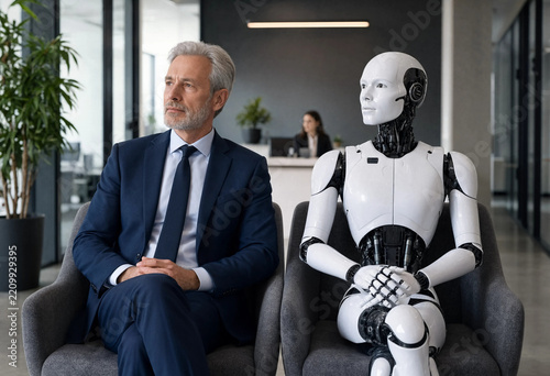 Man and a humanoid robot sit together in a modern office
