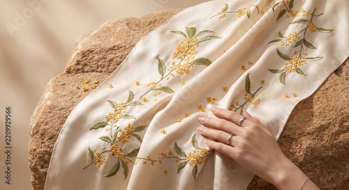Luxury Silk Scarf with Botanical Osmanthus Embroidery Draped over Raw Sandstone