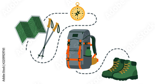 Hiking backpack boots map compass vector illustration with trail path