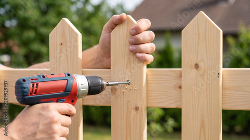 Worker using a power drill to install a wooden picket fence in a garden, DIY outdoor home improvement