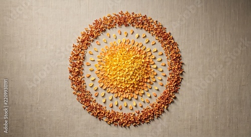 Abstract Flat Lay of Osmanthus Petals Forming Gradient Circle on Raw Canvas