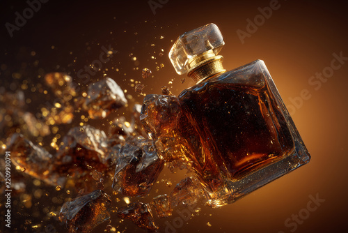 Luxury perfume bottle splashing in golden amber liquid
