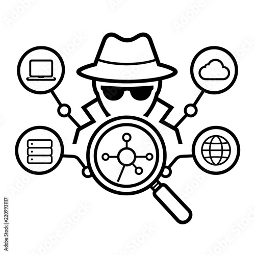 Cybersecurity detective investigating digital network data surveillance and cyber crime prevention illustration icon