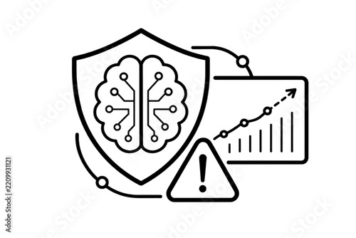 Artificial intelligence brain inside a protective shield with a warning sign and growth chart for cybersecurity concepts