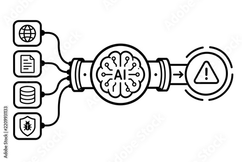 Artificial intelligence processing data through a pipeline resulting in a security warning icon