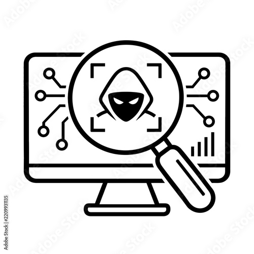 Cybersecurity concept showing a computer screen with a magnifying glass detecting a hacker or cyber threat