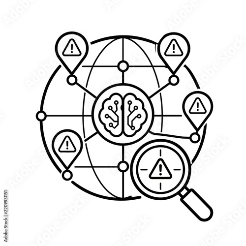 Conceptual Illustration of AI Ethics and Global Risk Management showing Brain Icon and Warning Alerts on World Globe