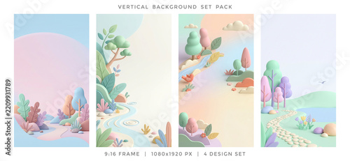 Cute 3D Pastel Clay Papercut Nature Landscape Vertical Background Set