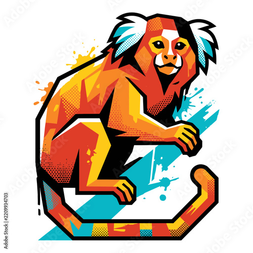Colorful vector illustration of a playful marmoset monkey with bright geometric patterns