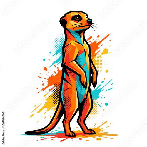 Vibrant Pop Art Meerkat Illustration with Colorful Abstract Paint Splatter Design