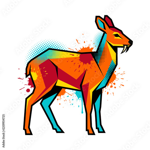 Vibrant Geometric Musk Deer Illustration with Artistic Splatter Paint and Halftone Effects