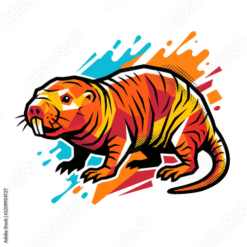 Abstract Vibrant Naked Mole-Rat Illustration with Dynamic Splash Art Background, Modern Geometric Animal Artwork