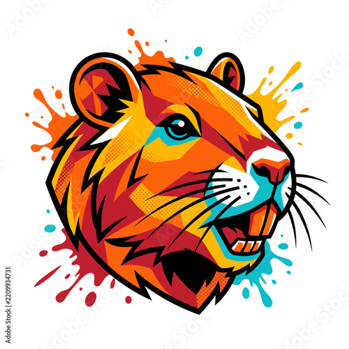 Vibrant Colorful Hamster Head Illustration with Artistic Paint Splatter Graphic Background