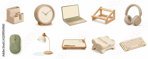 Minimalist 3D office and desk equipment icon set for home workspace, featuring laptop, keyboard, mouse, and headphones isolated on white background