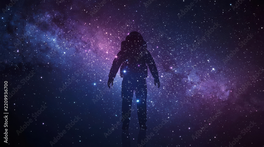 Fototapeta premium Human astronaut silhouette floating against vivid cosmic background filled with stars and nebula