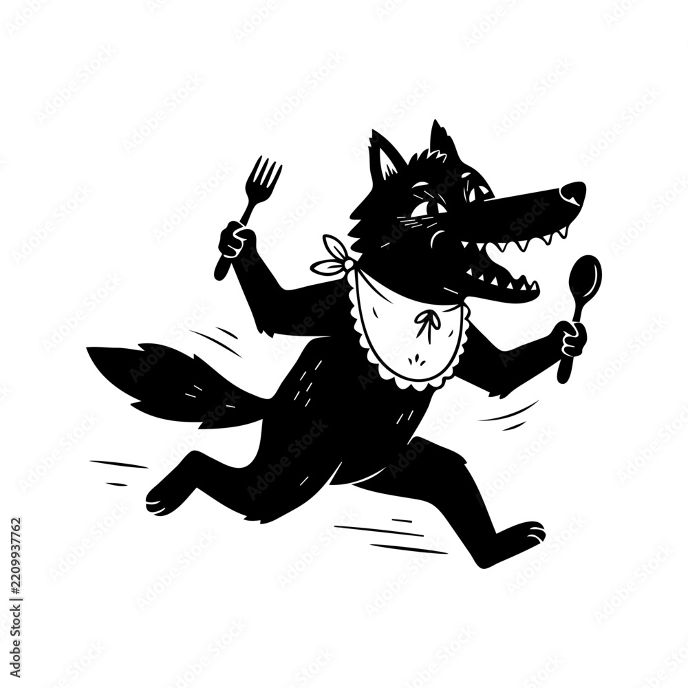 Fototapeta premium Hungry Cartoon Wolf Running with Fork and Spoon Vector Illustration, Funny Dining Silhouette Mascot 