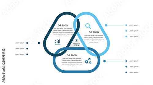 Three option interconnected triangular Venn diagram business infographic with icons and central text for modern presentation and corporate templates