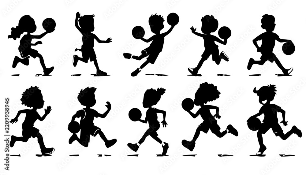Obraz premium Set of Silhouettes Featuring Kids Playing Basketball and Running with Balls