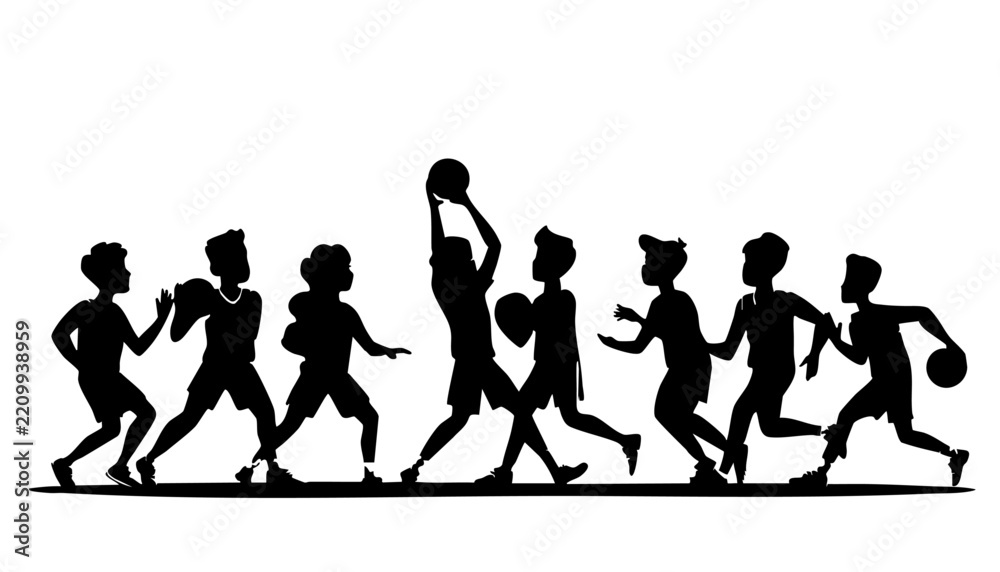 Fototapeta premium Black Silhouettes of Young Children Playing Basketball Together in a Team Sports Game Activity Isolated on White Background