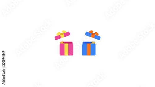 Two colorful animated gift boxes sliding together and opening lids on white background