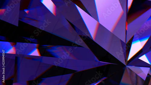 Abstract purple and pink geometric facets with vibrant neon edges and prismatic reflections, ideal for modern digital backgrounds.