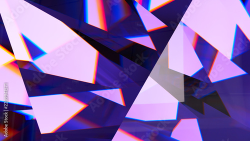 Abstract purple and pink geometric facets with vibrant neon edges and prismatic reflections, ideal for modern digital backgrounds.