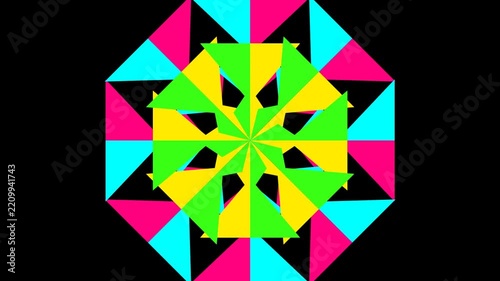 Vibrant geometric kaleidoscope rotating abstract shapes in motion