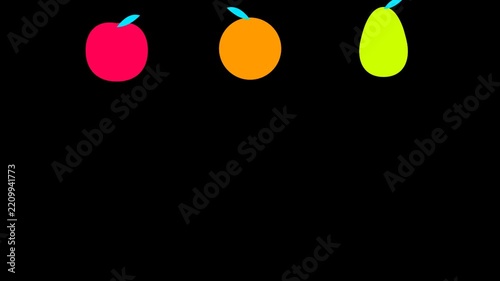 Vibrant neon vector fruit animation with colorful apple orange and pear icons floating against a dark black background