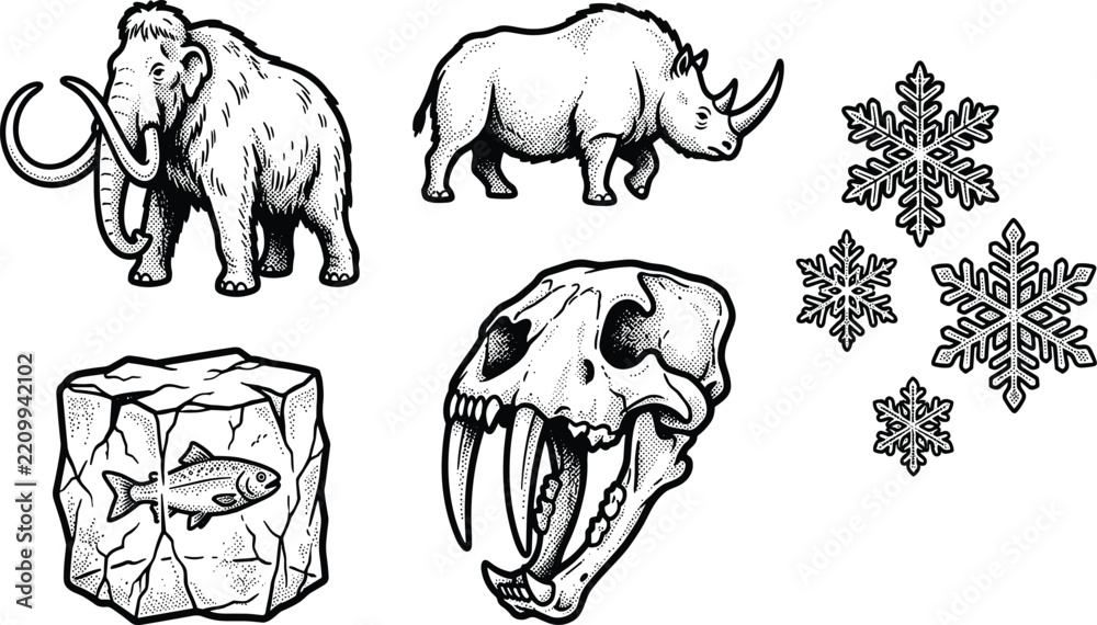 Obraz premium Prehistoric Ice Age Animal Vector Set Featuring Woolly Mammoth, Rhinoceros, Smilodon Saber Toothed Tiger Skull, Frozen Fish, and Snowflake Tattoo Illustrations