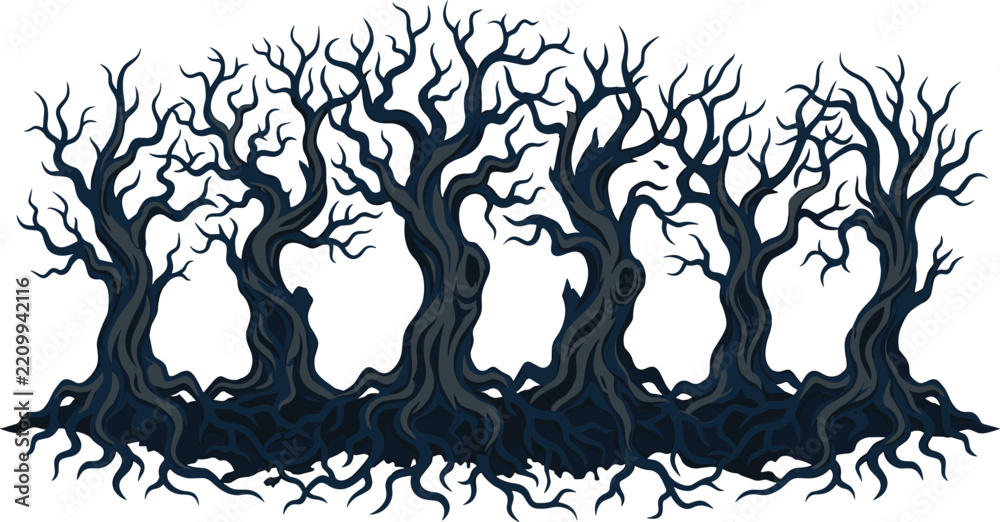 Fototapeta premium Spooky Dead Forest Silhouette Set with Gnarled Haunted Trees Twisting Bare Branches and Intertwined Roots for Halloween Landscape Vector Graphic Designs