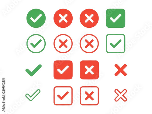 Set of green check marks and red cross icons for web interface design
