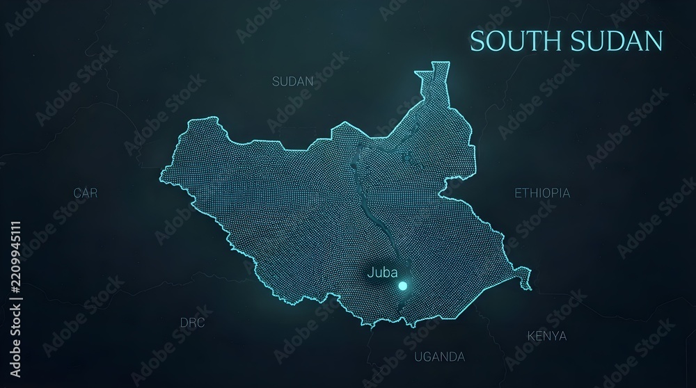 Obraz premium Glowing digital map of South Sudan featuring intricate dot patterns highlighting the capital city Juba against dark futuristic background with surrounding country labels